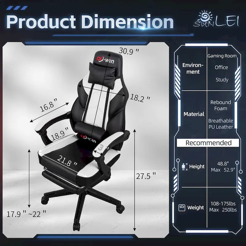 Chaise de jeu en cuir PU Chaise de bureau avec repose-tête, repose-pieds et support lombaire massant