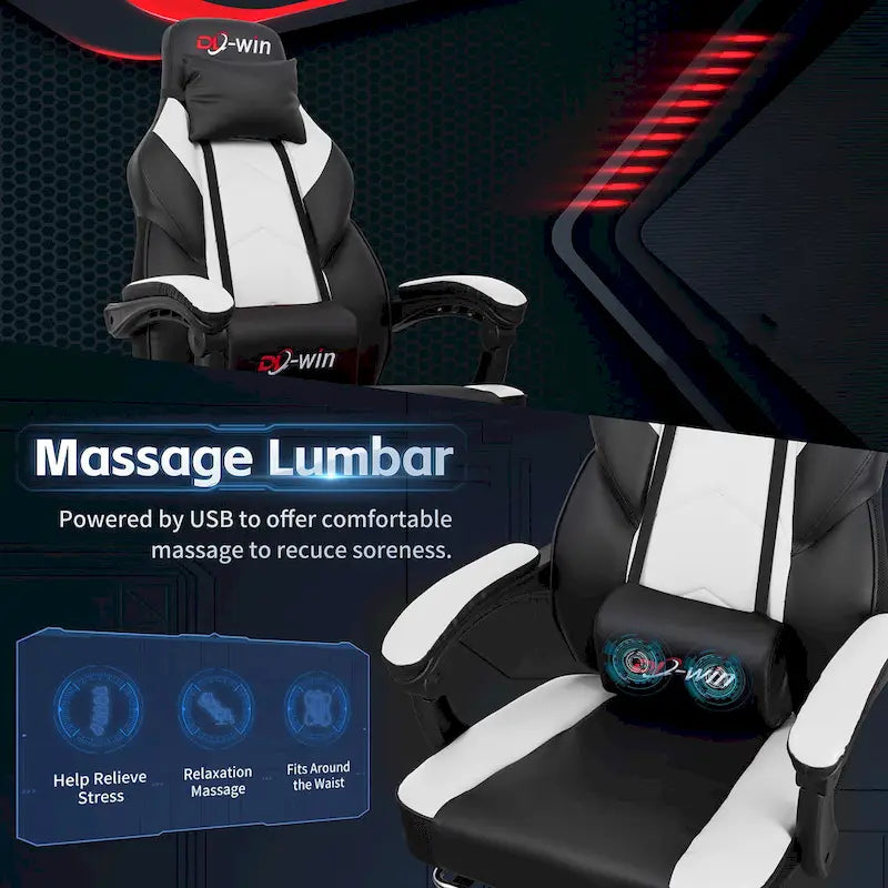 Chaise de jeu en cuir PU Chaise de bureau avec repose-tête, repose-pieds et support lombaire massant