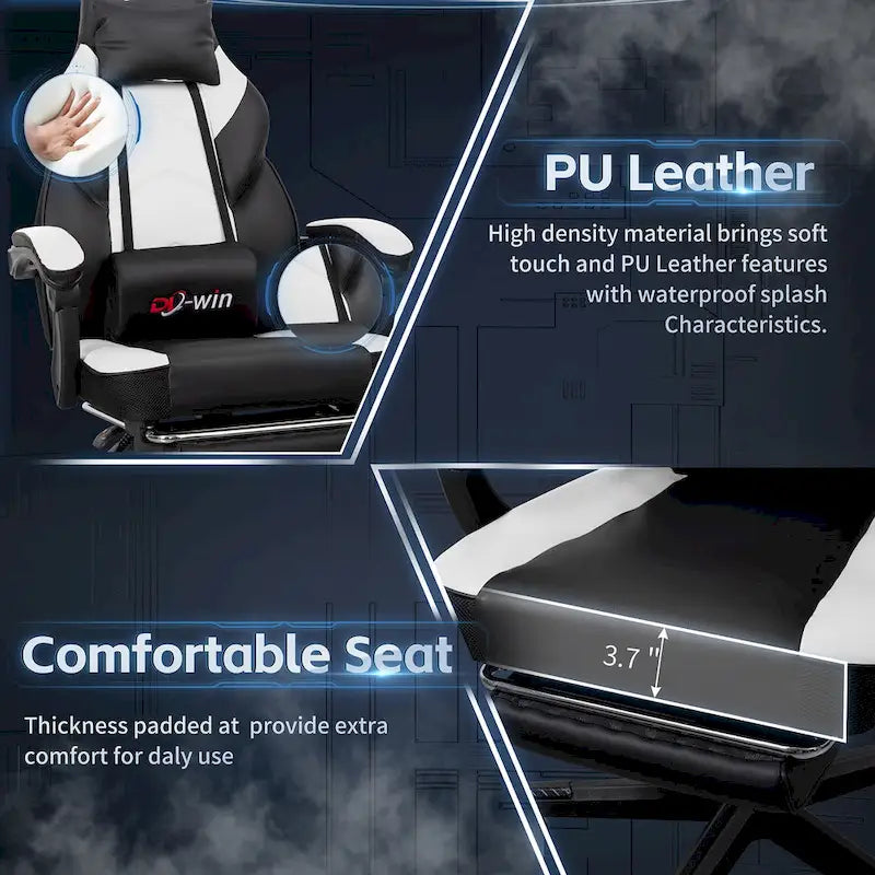 Chaise de jeu en cuir PU Chaise de bureau avec repose-tête, repose-pieds et support lombaire massant