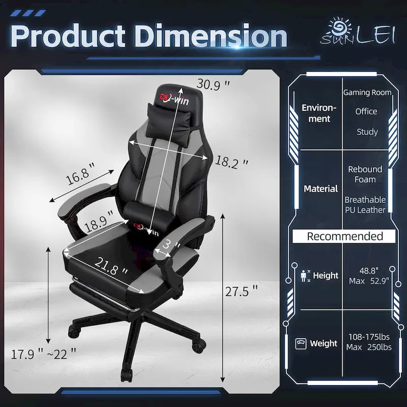 Chaise de jeu en cuir PU Chaise de bureau avec repose-tête, repose-pieds et support lombaire massant