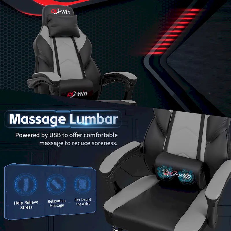 Chaise de jeu en cuir PU Chaise de bureau avec repose-tête, repose-pieds et support lombaire massant