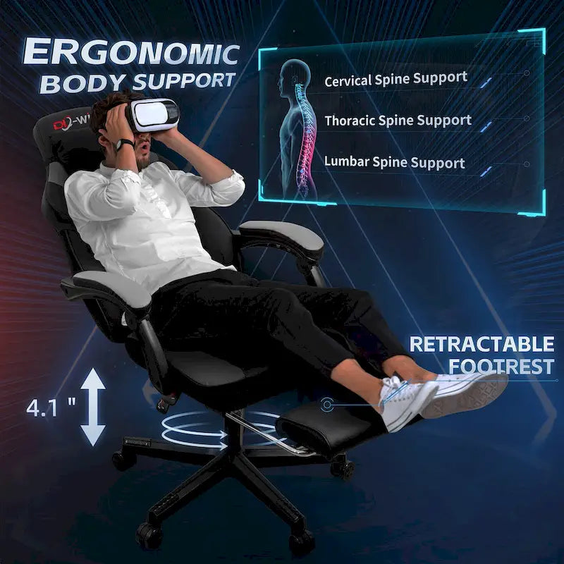 Chaise de jeu en cuir PU Chaise de bureau avec repose-tête, repose-pieds et support lombaire massant