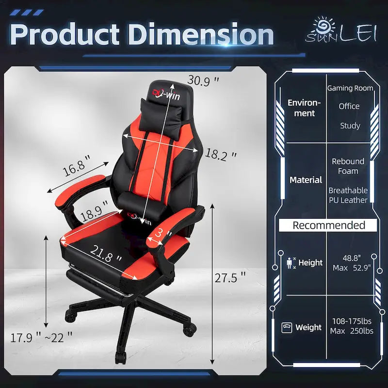 Chaise de jeu en cuir PU Chaise de bureau avec repose-tête, repose-pieds et support lombaire massant