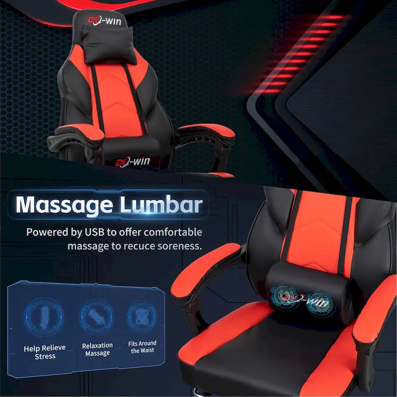 Chaise de jeu en cuir PU Chaise de bureau avec repose-tête, repose-pieds et support lombaire massant