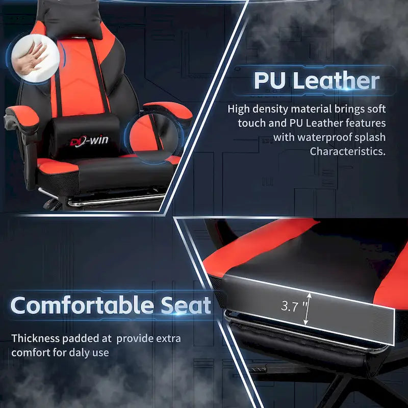 Chaise de jeu en cuir PU Chaise de bureau avec repose-tête, repose-pieds et support lombaire massant