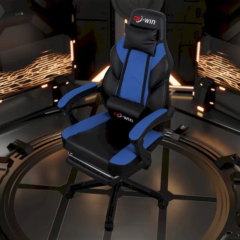 Chaise de jeu en cuir PU Chaise de bureau avec repose-tête, repose-pieds et support lombaire massant