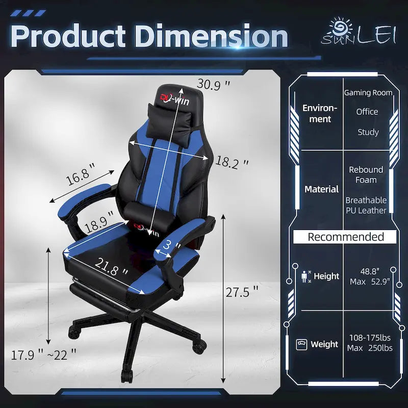 Chaise de jeu en cuir PU Chaise de bureau avec repose-tête, repose-pieds et support lombaire massant