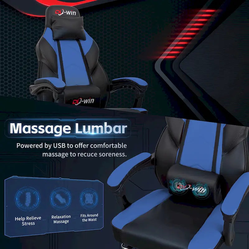 Chaise de jeu en cuir PU Chaise de bureau avec repose-tête, repose-pieds et support lombaire massant