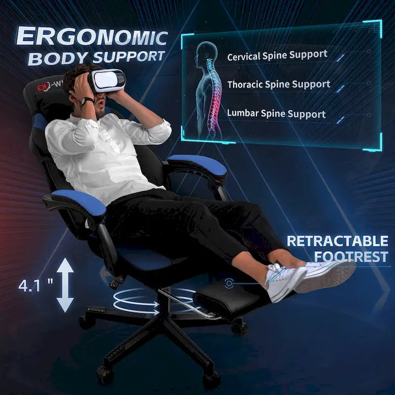 Chaise de jeu en cuir PU Chaise de bureau avec repose-tête, repose-pieds et support lombaire massant