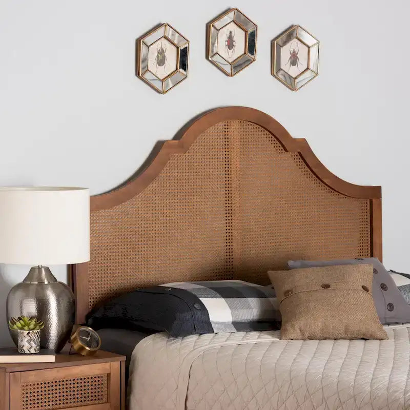 Camila Classic and Traditional Ash Walnut Finished Wood Headboard with Rattan