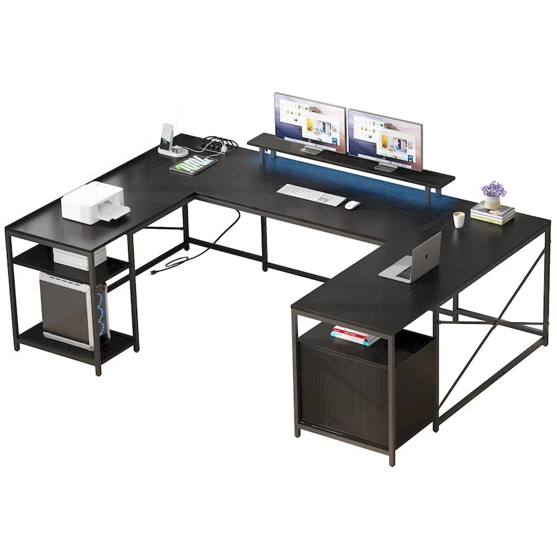 Bureau d'ordinateur en U ou en L à LED réversible pour gamer et télétravail avec prises de courant