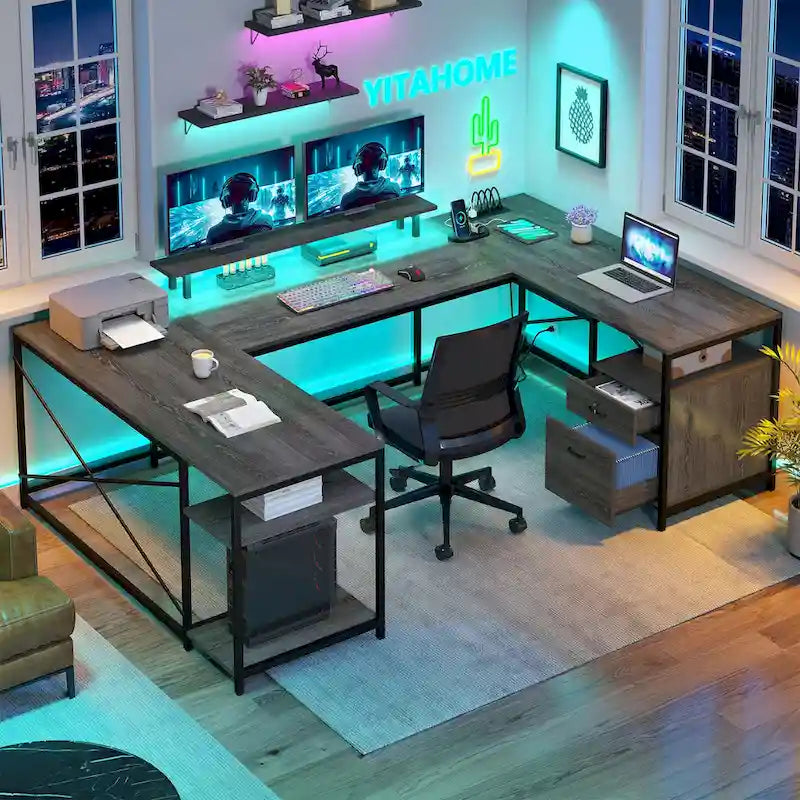 Moasis U-Shaped L-Shaped LED Computer Desk Reversible Corner Home Office Gaming Desk with Power Outlets