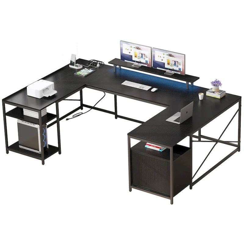 Bureau d'ordinateur en U ou en L à LED réversible pour gamer et télétravail avec prises de courant