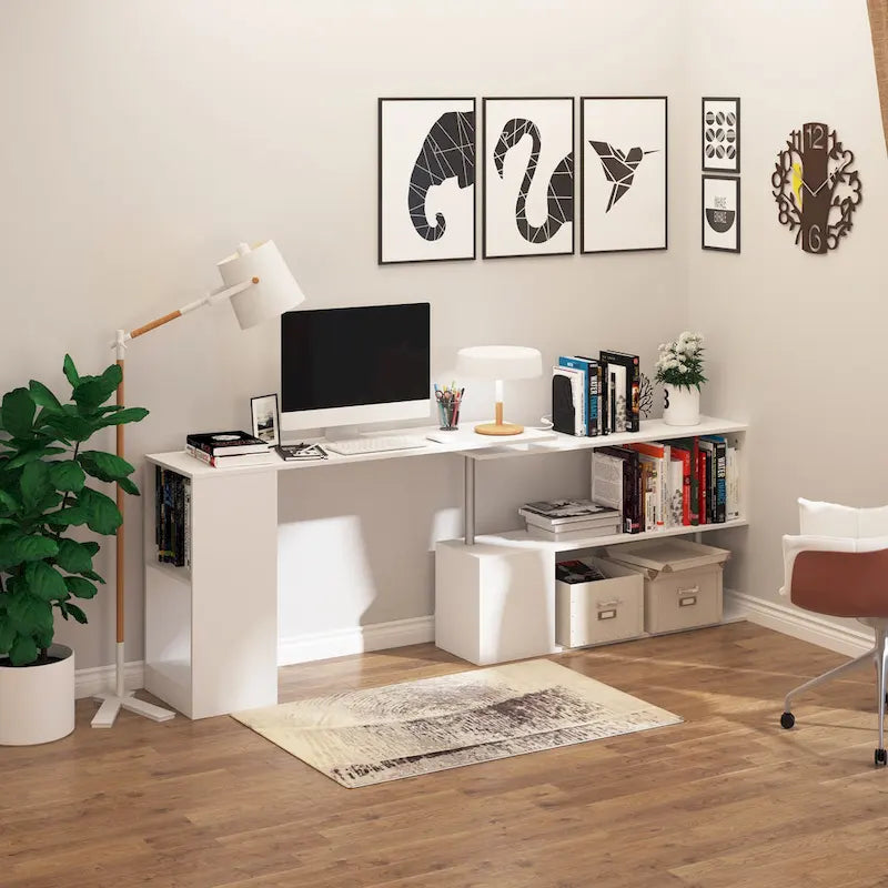 HOMCOM 55 Rotating Corner Computer Desk: L-Shaped Workstation, Storage Shelves