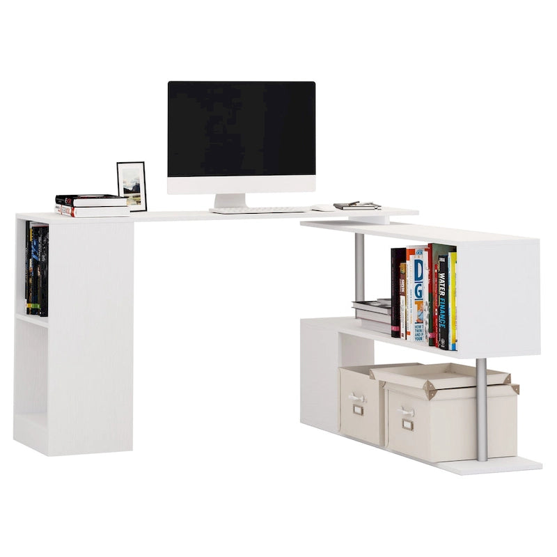 Bureau d'angle pivotant pour ordinateur de 55" : Poste de travail en L, étagères de rangement