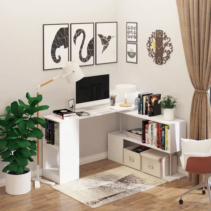 Bureau d'angle pivotant pour ordinateur de 55" : Poste de travail en L, étagères de rangement