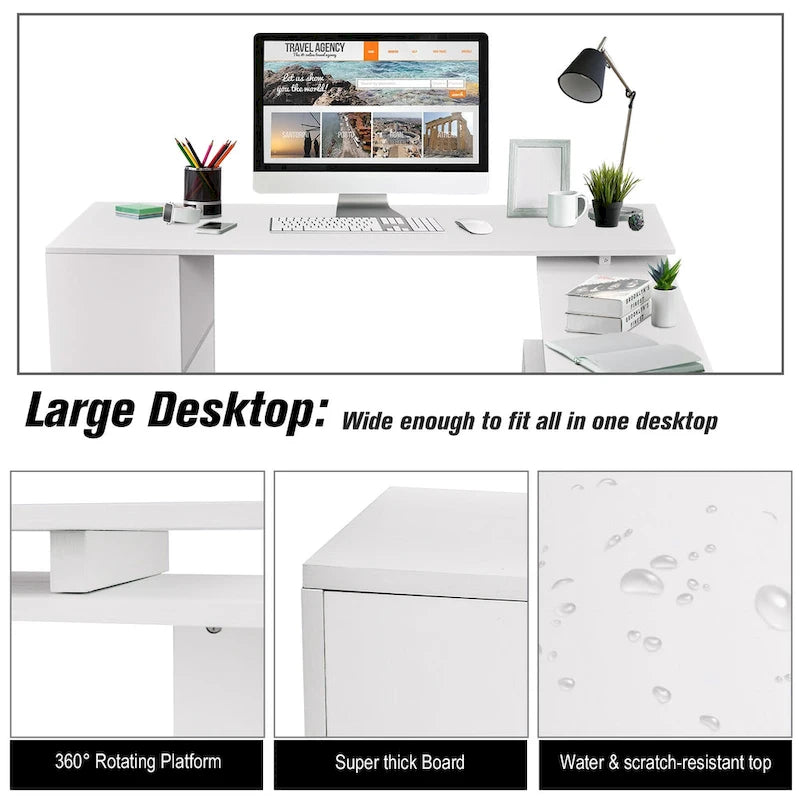 Bureau d'angle pivotant pour ordinateur de 55" : Poste de travail en L, étagères de rangement