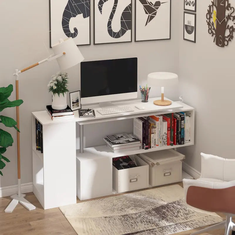 Bureau d'angle pivotant pour ordinateur de 55" : Poste de travail en L, étagères de rangement