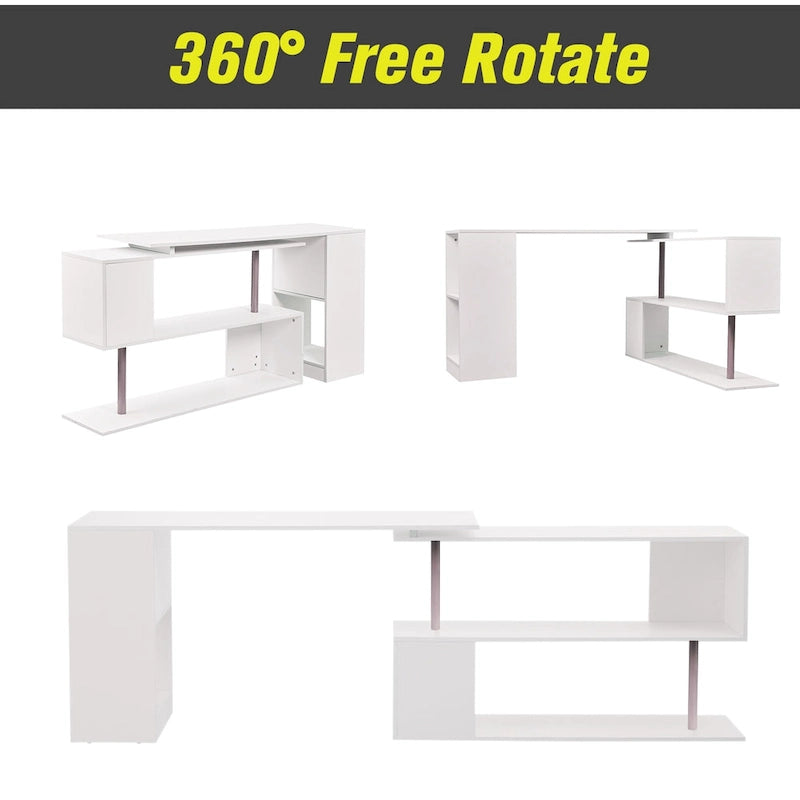 Bureau d'angle pivotant pour ordinateur de 55" : Poste de travail en L, étagères de rangement
