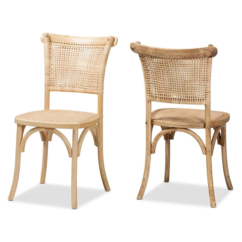 Ensemble de chaises de salle à manger tissées en rotin et bois naturel de style Mid-Century (2 pièces)