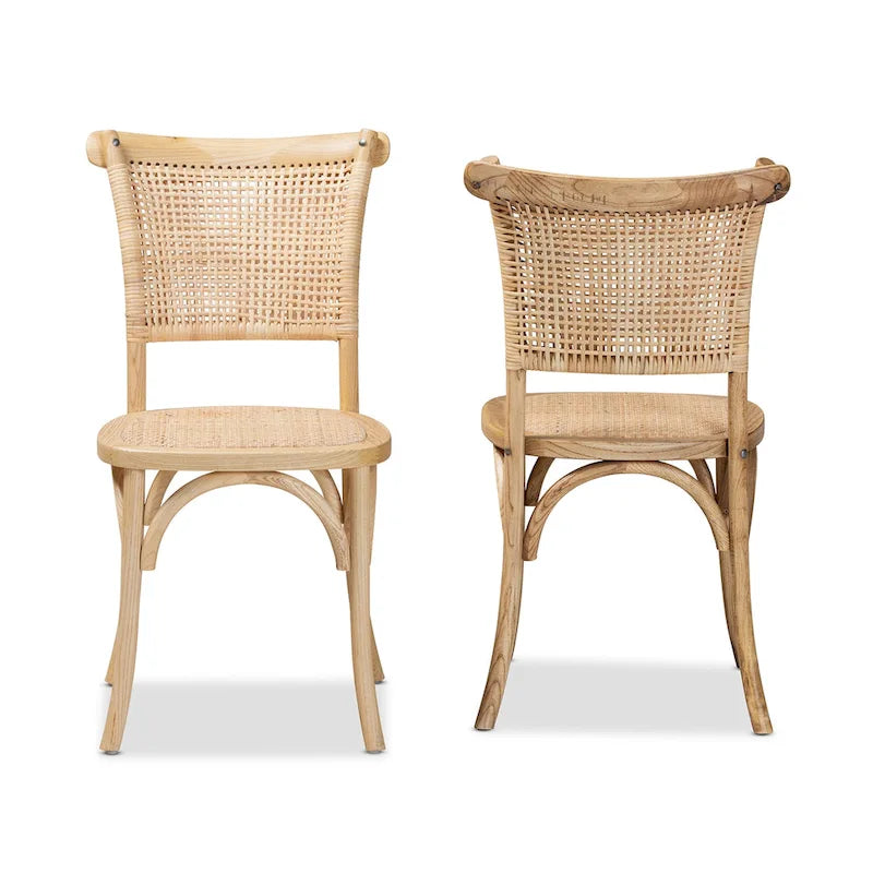 Ensemble de chaises de salle à manger tissées en rotin et bois naturel de style Mid-Century (2 pièces)
