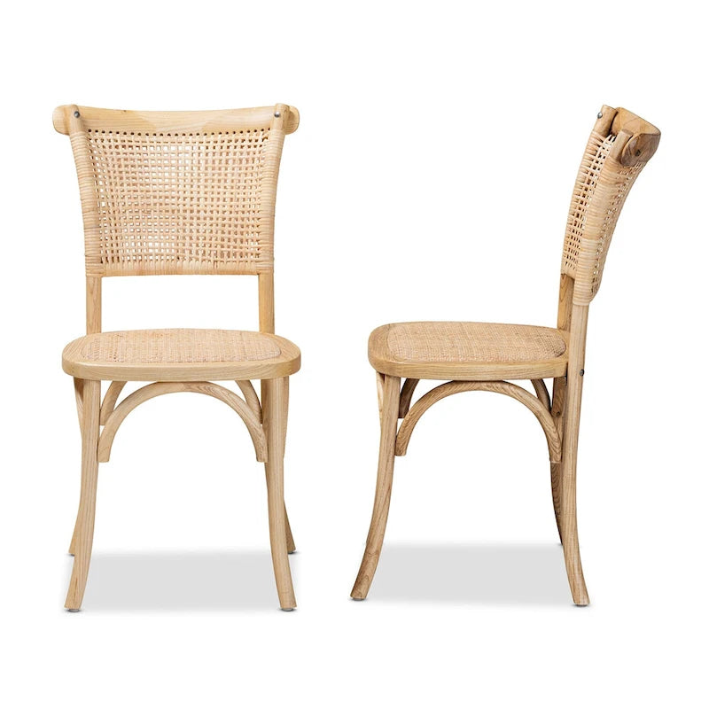 Ensemble de chaises de salle à manger tissées en rotin et bois naturel de style Mid-Century (2 pièces)