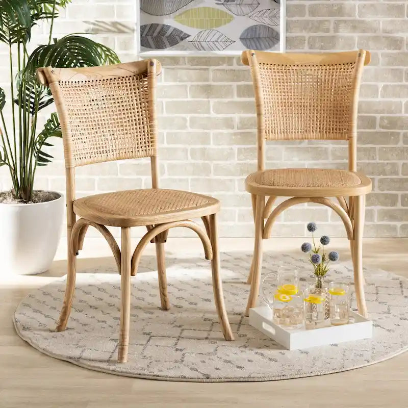 Ensemble de chaises de salle à manger tissées en rotin et bois naturel de style Mid-Century (2 pièces)