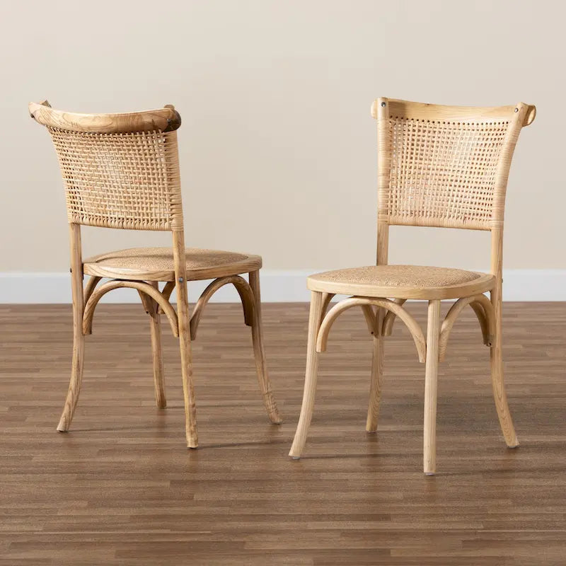 Ensemble de chaises de salle à manger tissées en rotin et bois naturel de style Mid-Century (2 pièces)