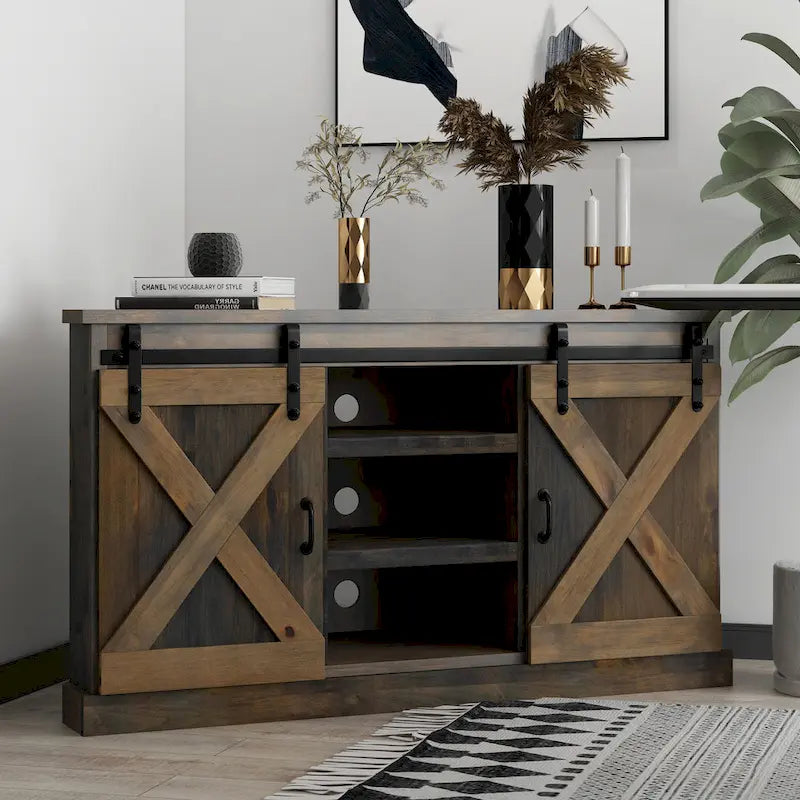 Meuble TV d'angle de style rustique de 56 po pour téléviseurs jusqu'à 60 po, aucun assemblage requis, fini bois de grange