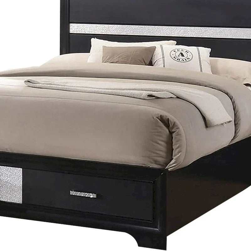 Lit California King Size en bois avec 2 tiroirs de rangement, noir et argent