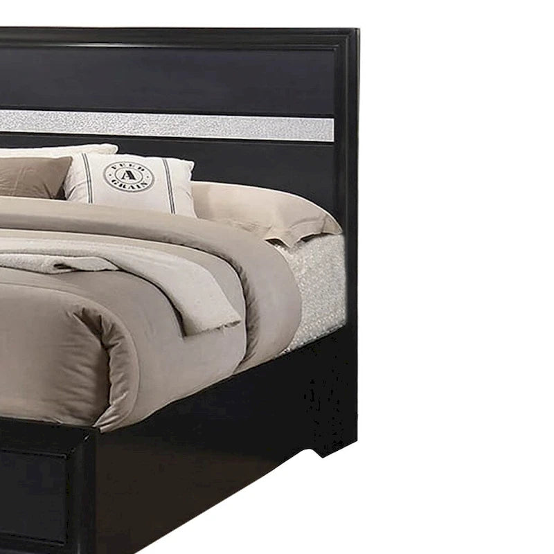 Lit California King Size en bois avec 2 tiroirs de rangement, noir et argent