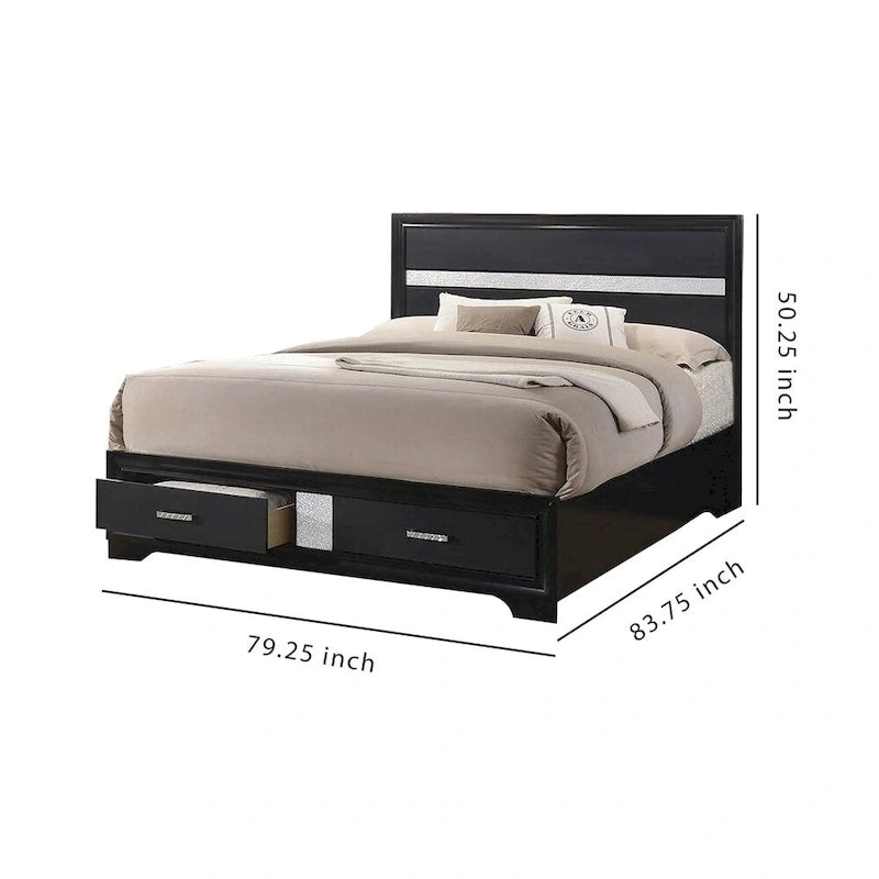 Lit California King Size en bois avec 2 tiroirs de rangement, noir et argent