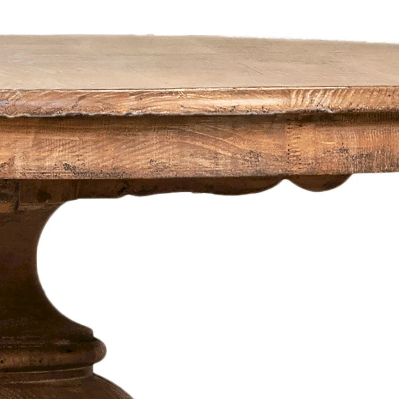 Table à manger ronde en pin récupéré de 59 pouces, style antique naturel, avec piédestal sculpté