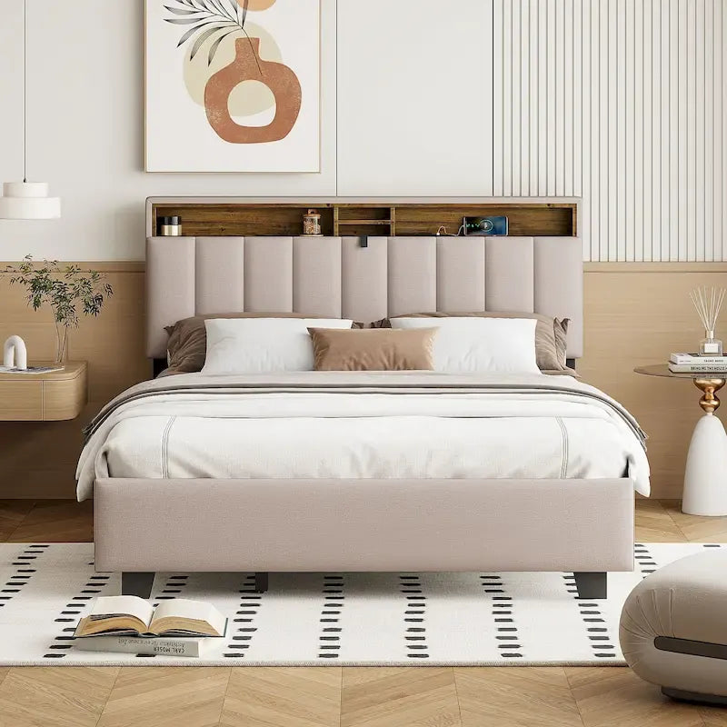 Lit plateforme tapissier Queen size avec lit gigogne Twin XL