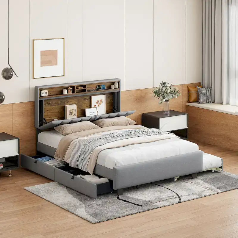 Lit plateforme tapissier Queen size avec lit gigogne Twin XL
