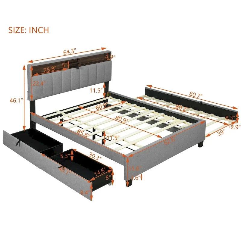 Lit plateforme tapissier Queen size avec lit gigogne Twin XL