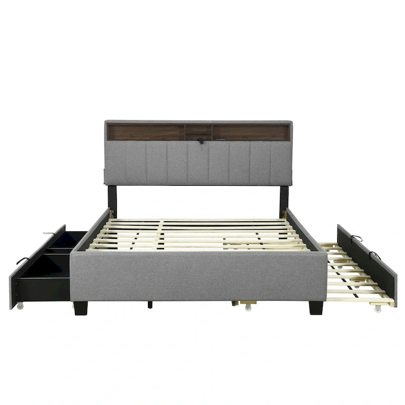 Lit plateforme tapissier Queen size avec lit gigogne Twin XL