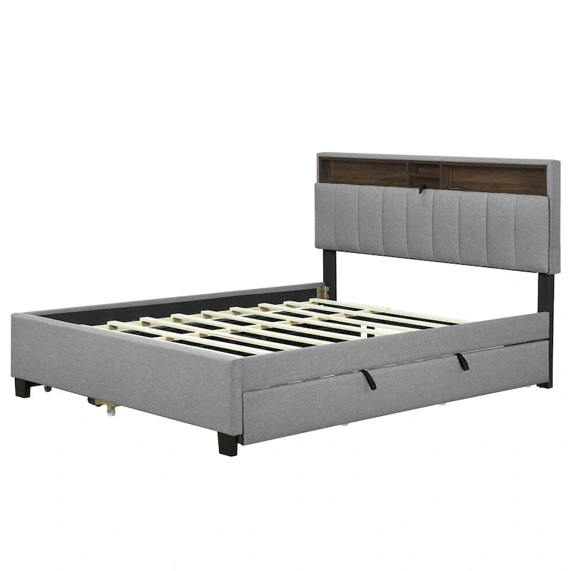 Lit plateforme tapissier Queen size avec lit gigogne Twin XL