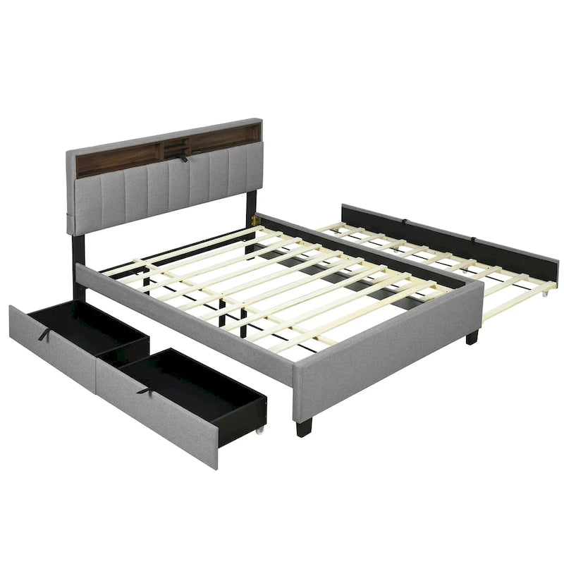 Lit plateforme tapissier Queen size avec lit gigogne Twin XL