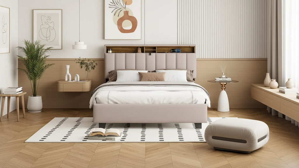 Lit plateforme tapissier Queen size avec lit gigogne Twin XL