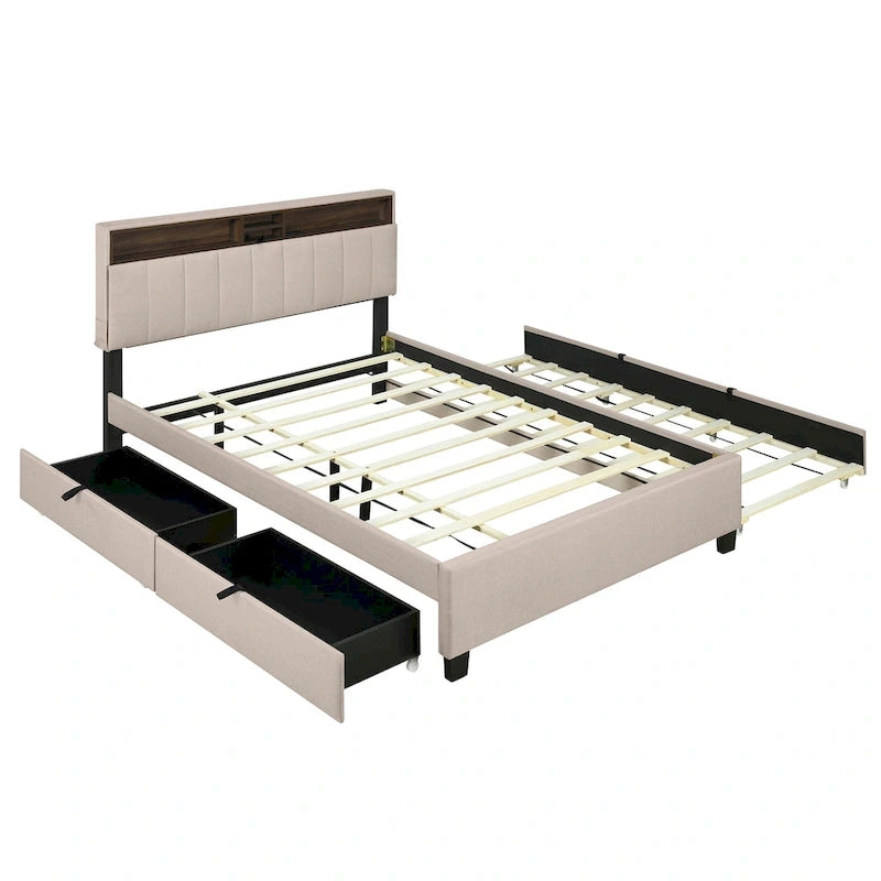Lit plateforme tapissier Queen size avec lit gigogne Twin XL
