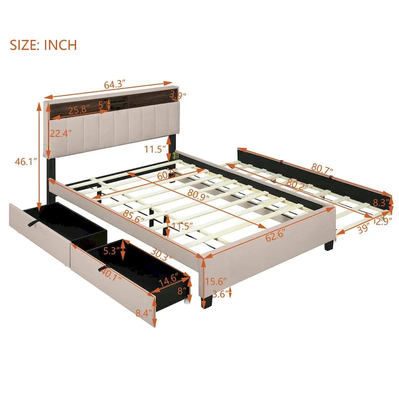 Lit plateforme tapissier Queen size avec lit gigogne Twin XL