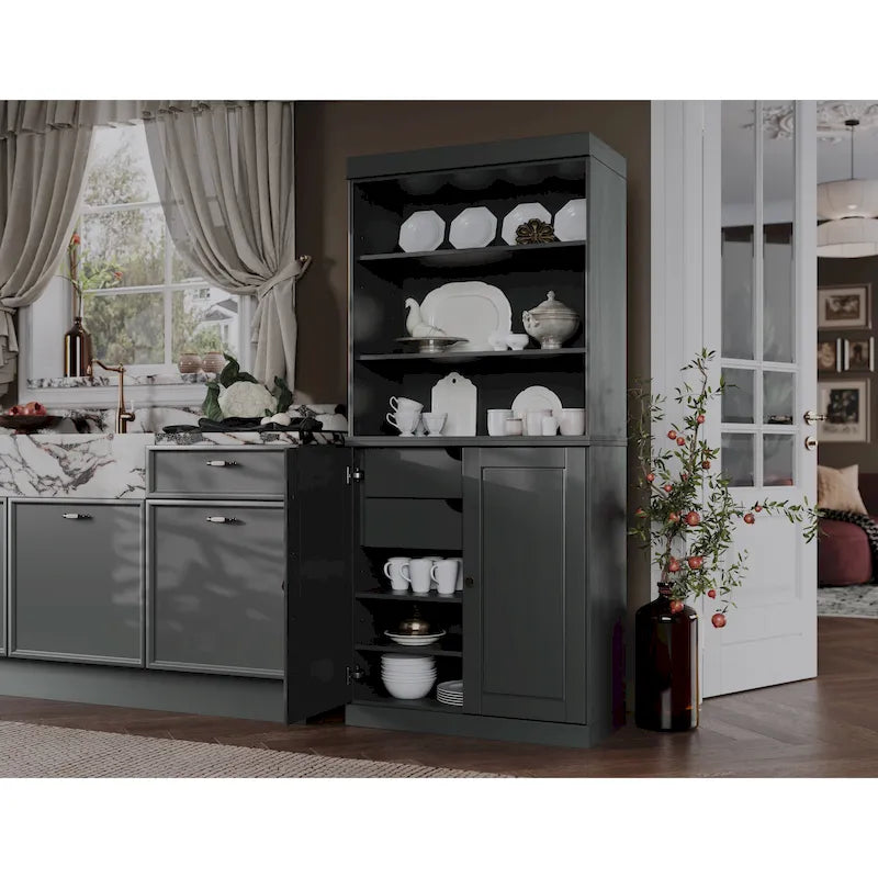 Meuble de rangement de cuisine en bois massif à 100 % avec 2 portes en verre transparent ou en bois massif et organisateur à 2 tiroirs