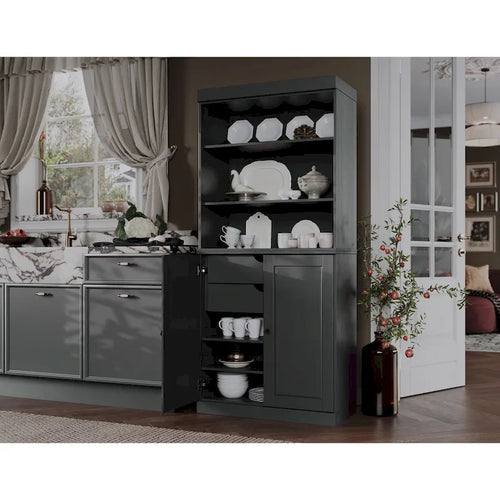 Meuble de rangement de cuisine en bois massif à 100 % avec 2 portes en verre transparent ou en bois massif et organisateur à 2 tiroirs