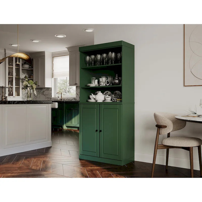 Meuble de rangement de cuisine en bois massif à 100 % avec 2 portes en verre transparent ou en bois massif et organisateur à 2 tiroirs