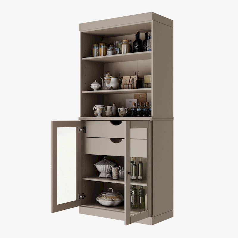 Meuble de rangement de cuisine en bois massif à 100 % avec 2 portes en verre transparent ou en bois massif et organisateur à 2 tiroirs
