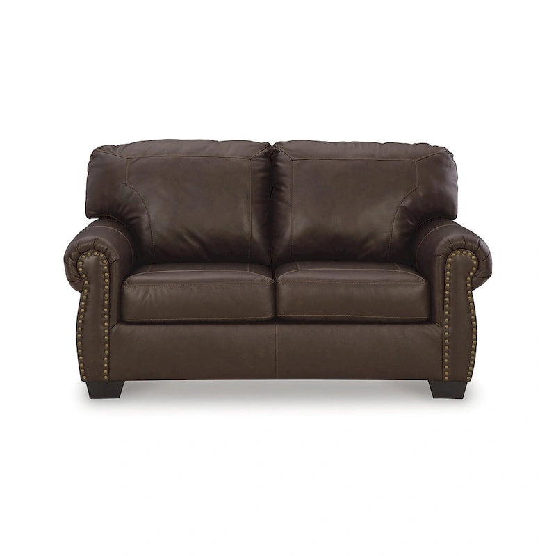 Causeuse brun foncé avec accoudoirs roulés et garniture cloutée - 67L x 40P x 39H