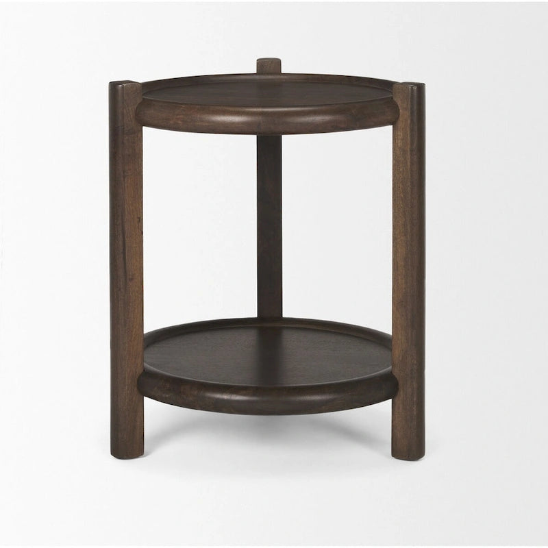 Table d'appoint ronde en bois brun foncé avec étagère inférieure - 23.5L x 23.5W x 26.0H