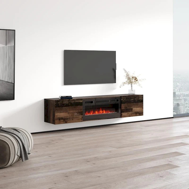 Meuble TV mural flottant avec cheminée intégrée pour téléviseurs jusqu'à 80 pouces