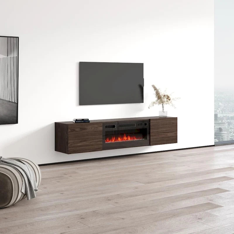 Meuble TV mural flottant avec cheminée intégrée pour téléviseurs jusqu'à 80 pouces